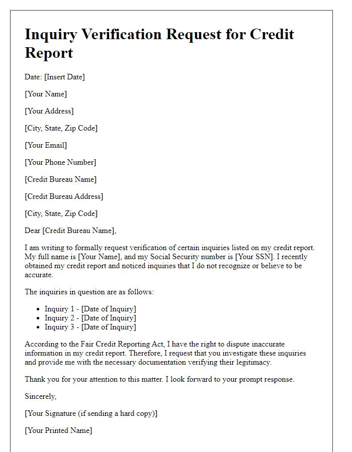 Letter template of Inquiry Verification Request for Credit Report