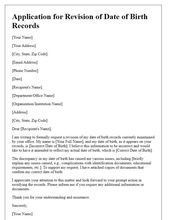 Letter template of Application for Revision of Date of Birth Records