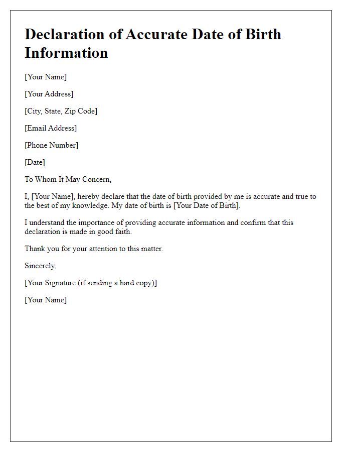 Letter template of Declaration for Accurate Date of Birth Information