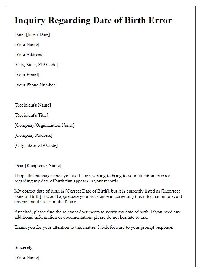 Letter template of Inquiry Regarding Date of Birth Error