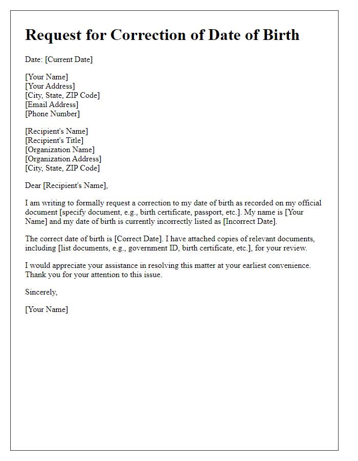 Letter template of Request to Correct Date of Birth on Official Document