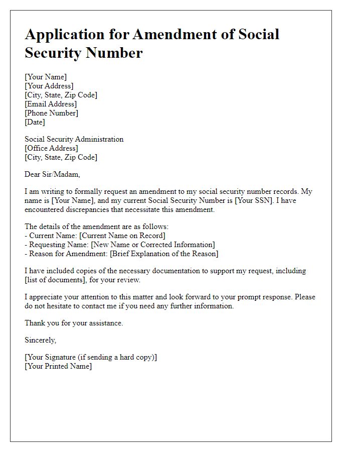 Letter template of formal application for social security number amendment.