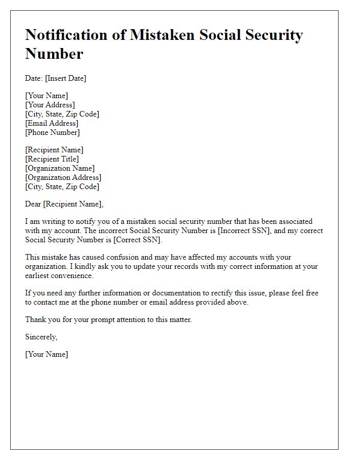 Letter template of notification of mistaken social security number.