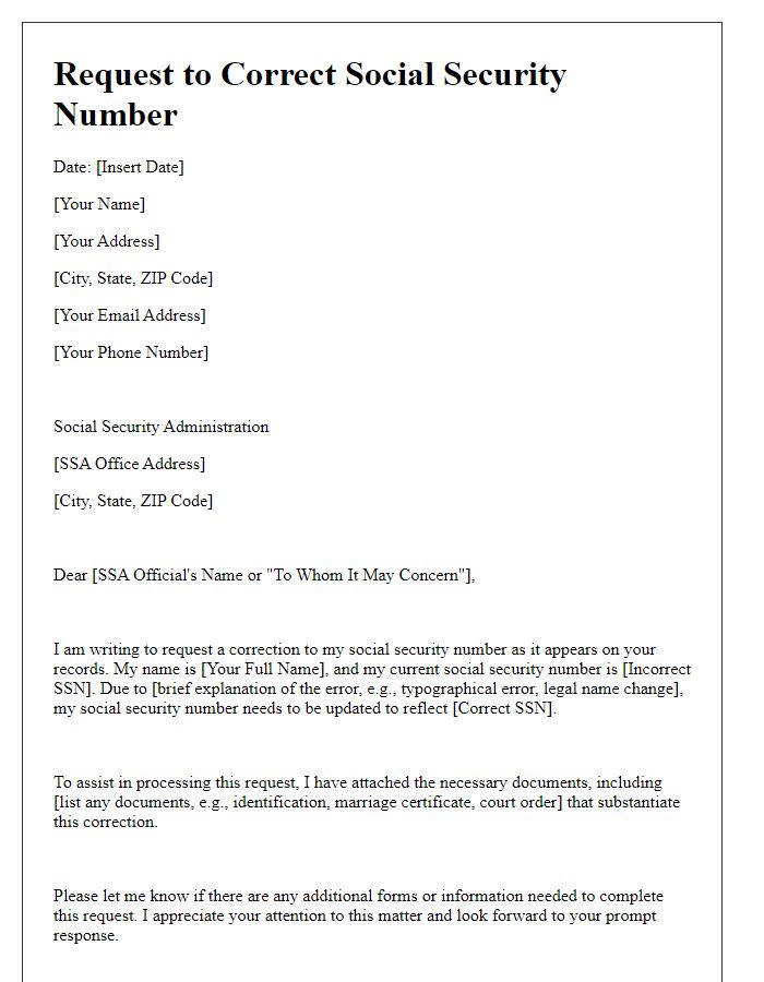 Letter template of request to correct social security number on official records.