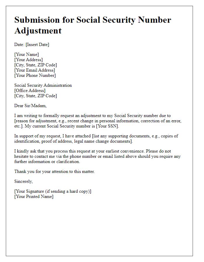 Letter template of submission for social security number adjustment.