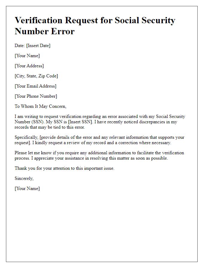 Letter template of verification request for social security number error.