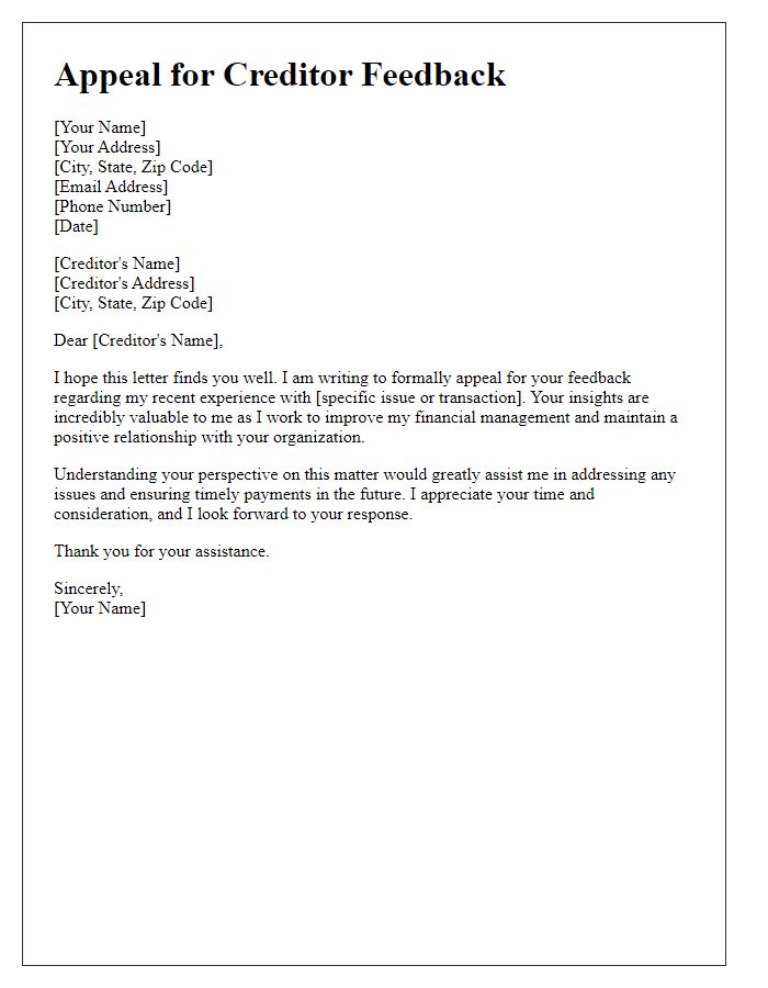 Letter template of appeal for creditor feedback