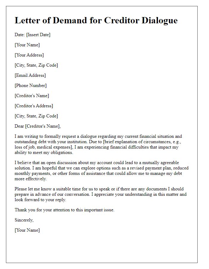 Letter template of demand for creditor dialogue