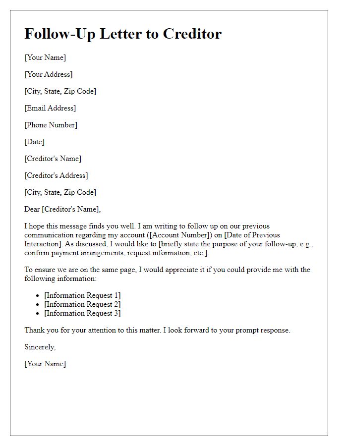 Letter template of follow-up for creditor interaction