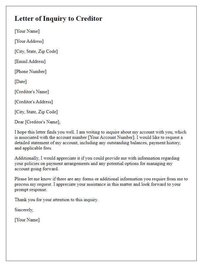 Letter template of inquiry for creditor communication