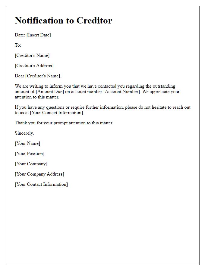 Letter template of notification for creditor contact