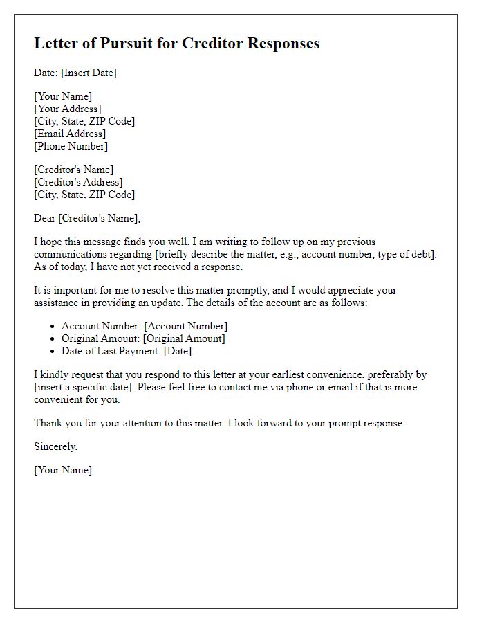 Letter template of pursuit for creditor responses