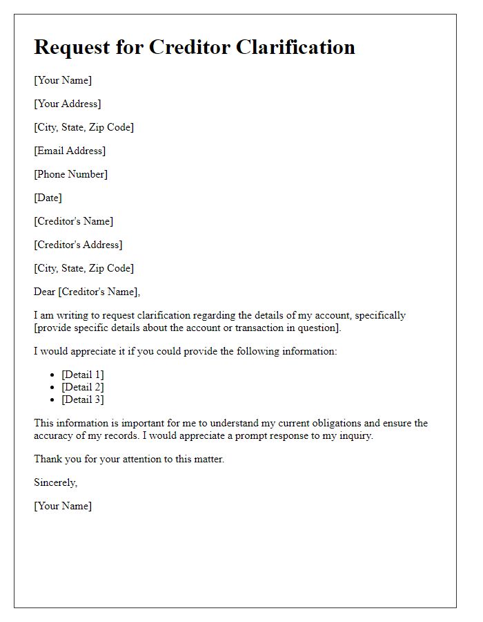 Letter template of request for creditor clarification