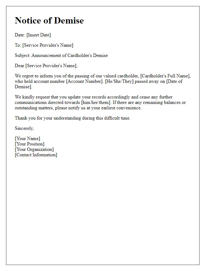 Letter template of announcement regarding cardholder's demise to service providers