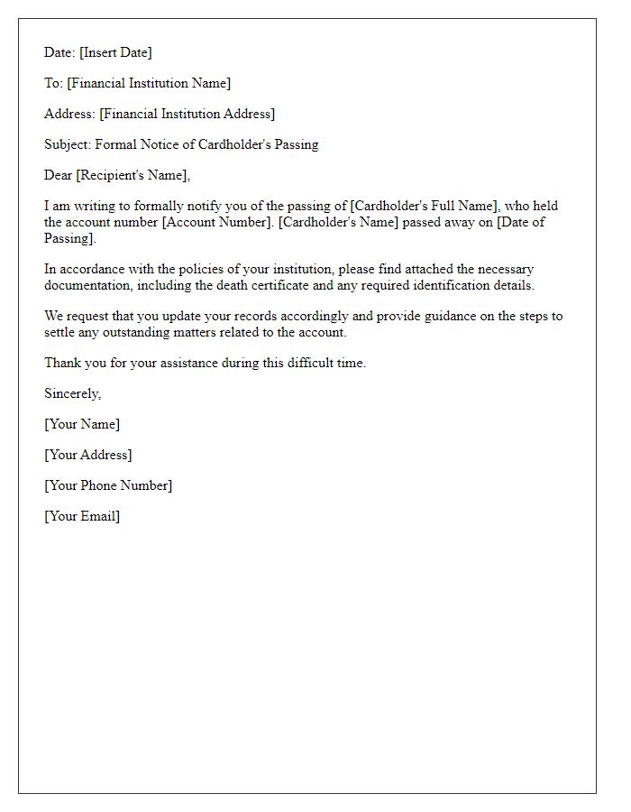 Letter template of formal notice of cardholder's passing for financial institutions