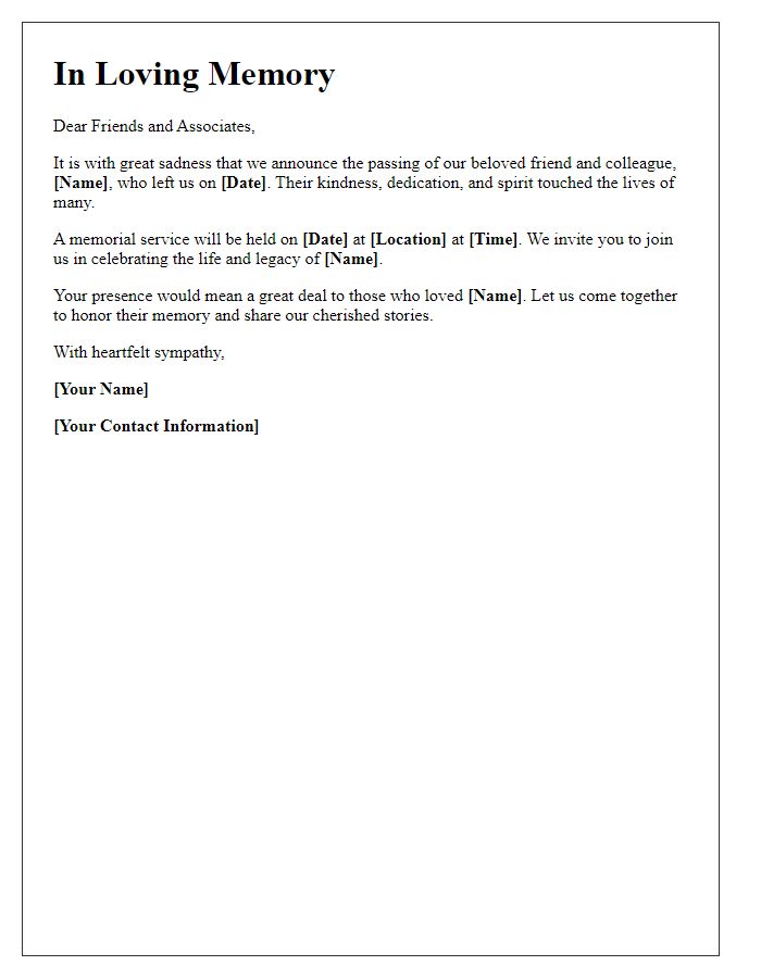 Letter template of memorial announcement for cardholder to friends and associates