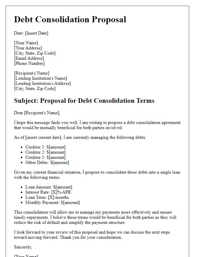 Letter template of proposal for debt consolidation terms