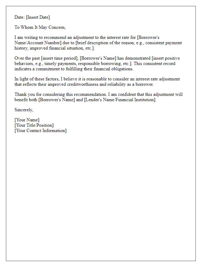 Letter template of recommendation for interest rate adjustment