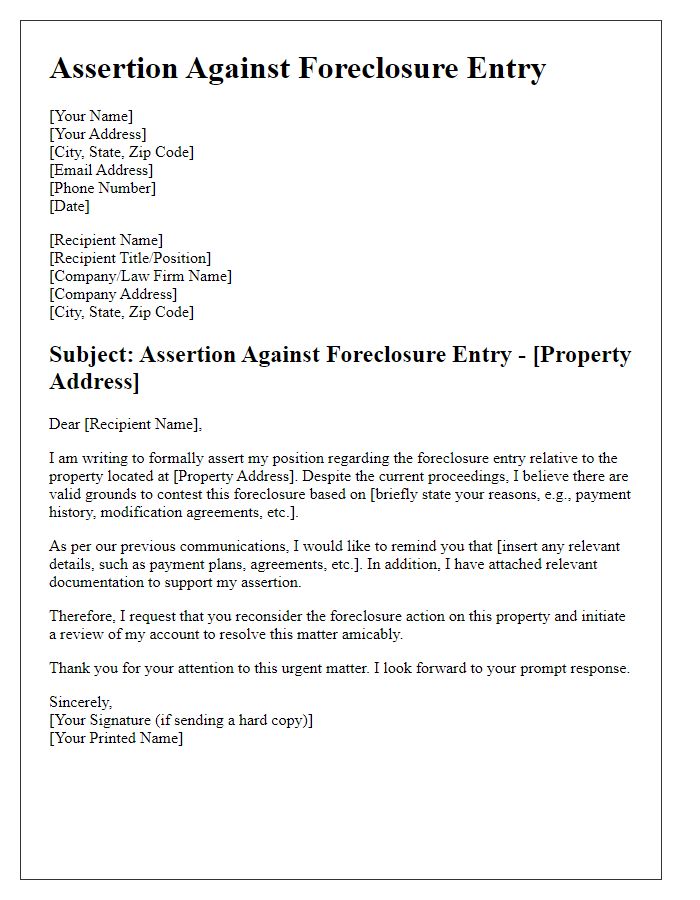 Letter template of assertion against foreclosure entry