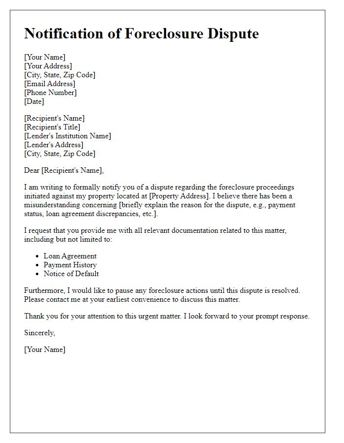 Letter template of notification of foreclosure dispute