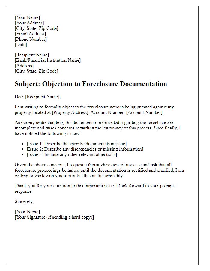 Letter template of objection to foreclosure documentation