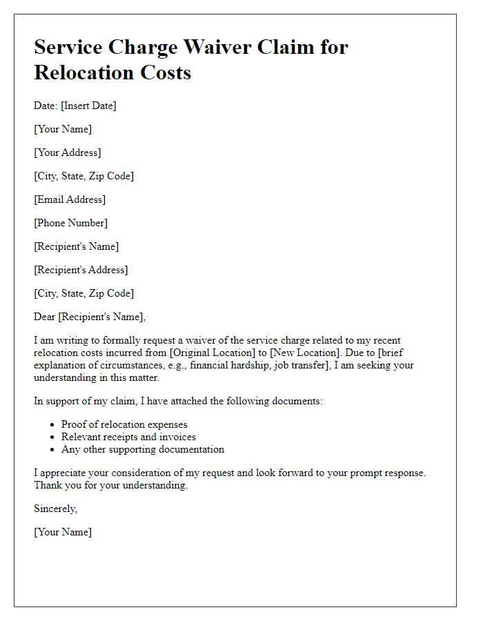 Letter template of service charge waiver claim for relocation costs.