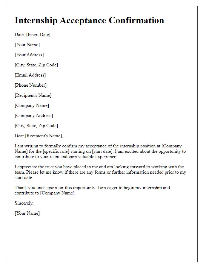 Letter template of internship acceptance confirmation for full-time role
