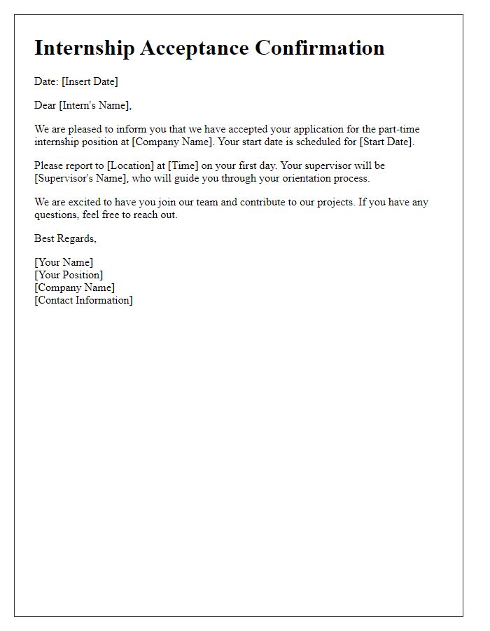 Letter template of internship acceptance confirmation for part-time engagement