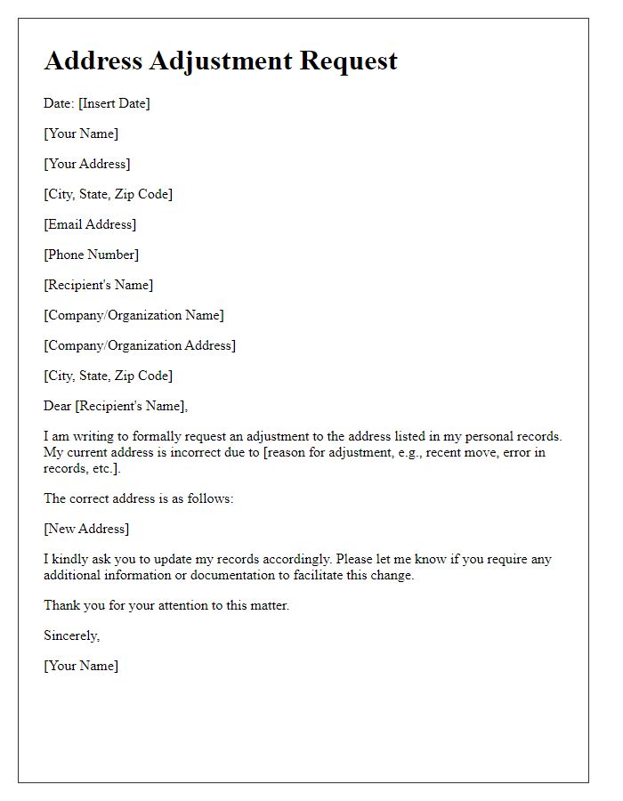 Letter template of address adjustment request for personal records