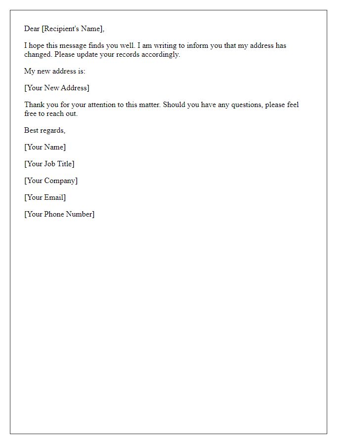 Letter template of address change notification for professional contacts
