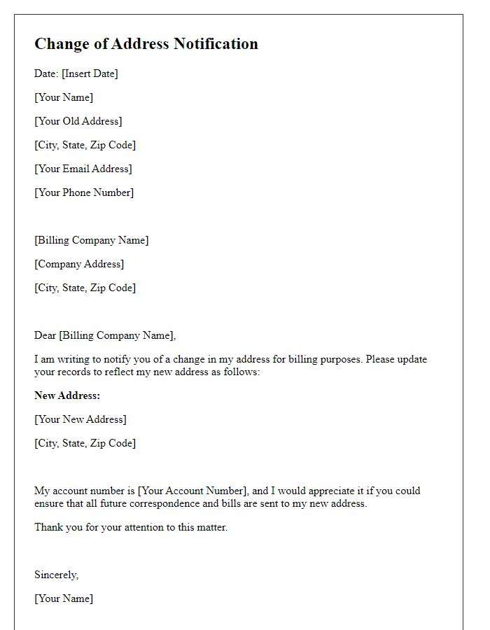 Letter template of change of address notification for billing purposes