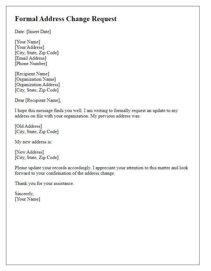 Letter template of formal address change request to an organization