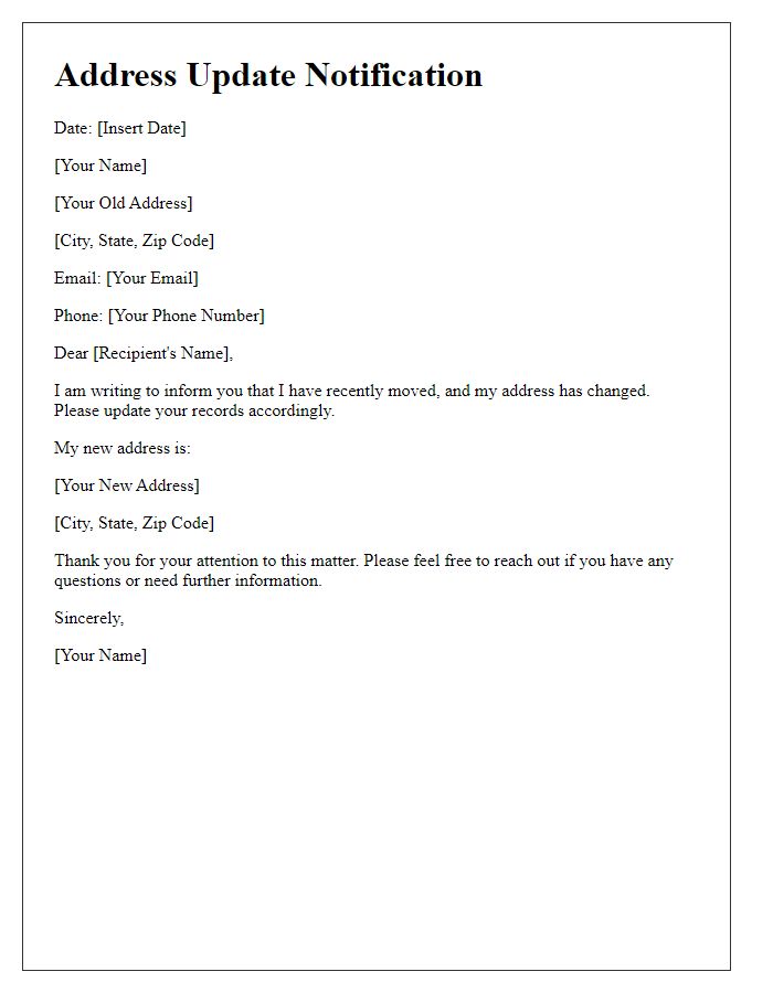 Letter template of notification for address update following a move