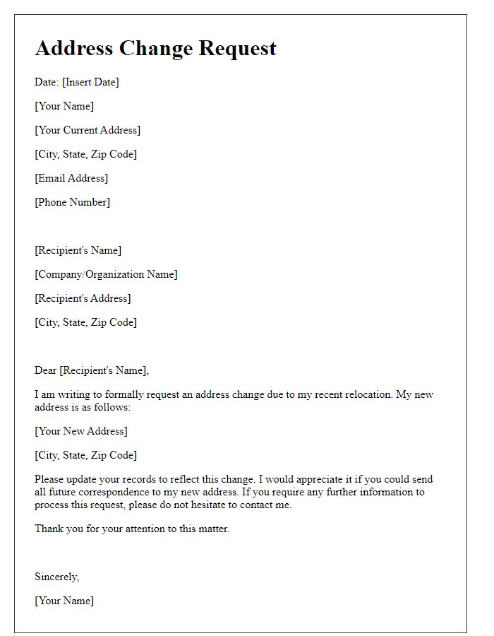 Letter template of request for address change due to relocation