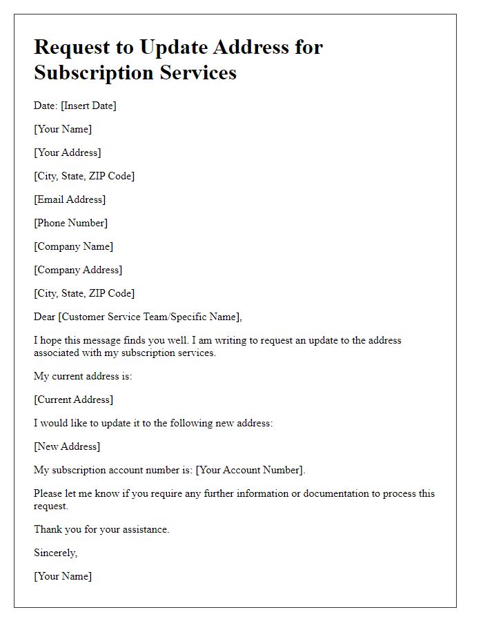 Letter template of request to update address for subscription services