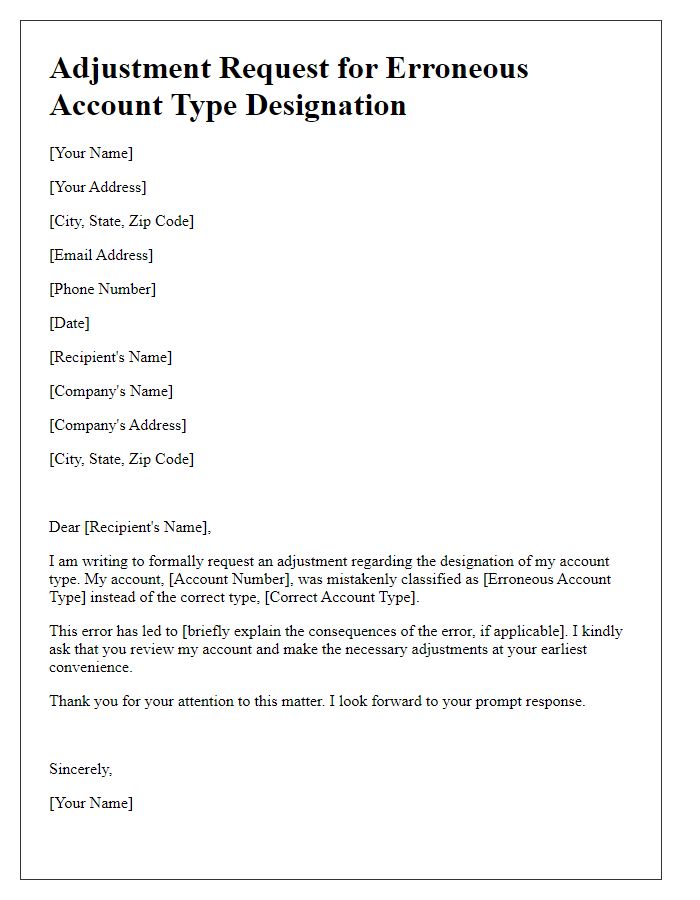 Letter template of adjustment request for erroneous account type designation.