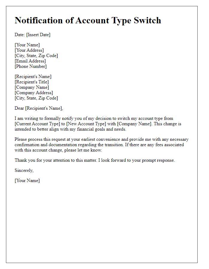 Letter template of notification for switching account types in financial services.