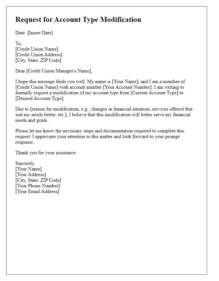 Letter template of request for account type modification for credit unions.