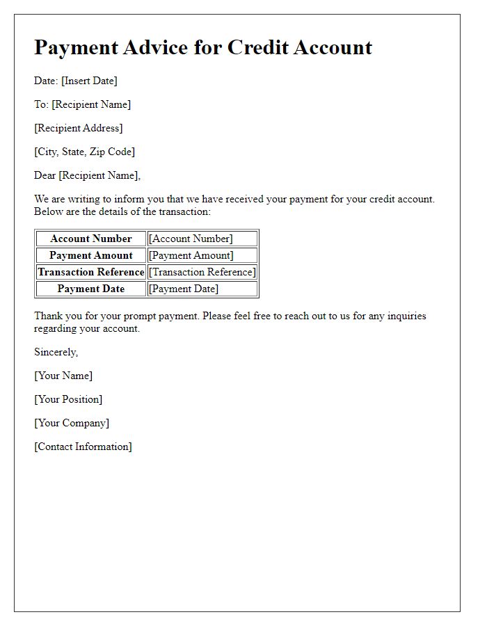 Letter template of credit account payment advice