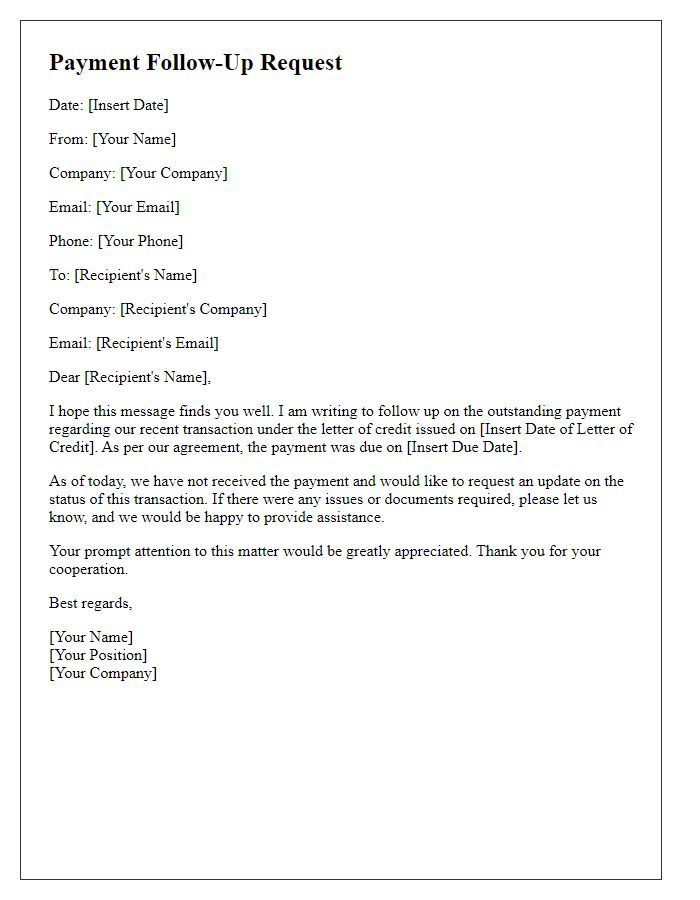 Letter template of credit payment follow-up request