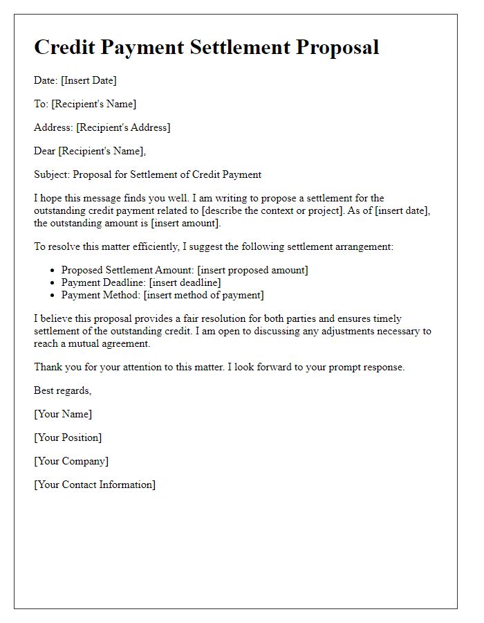 Letter template of credit payment settlement proposal