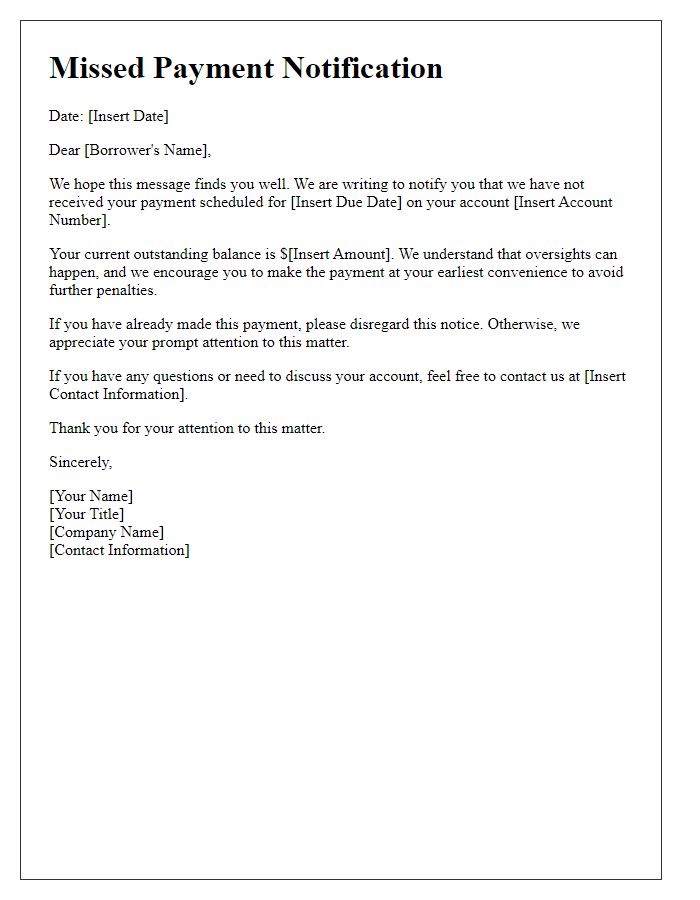 Letter template of missed credit payment notification