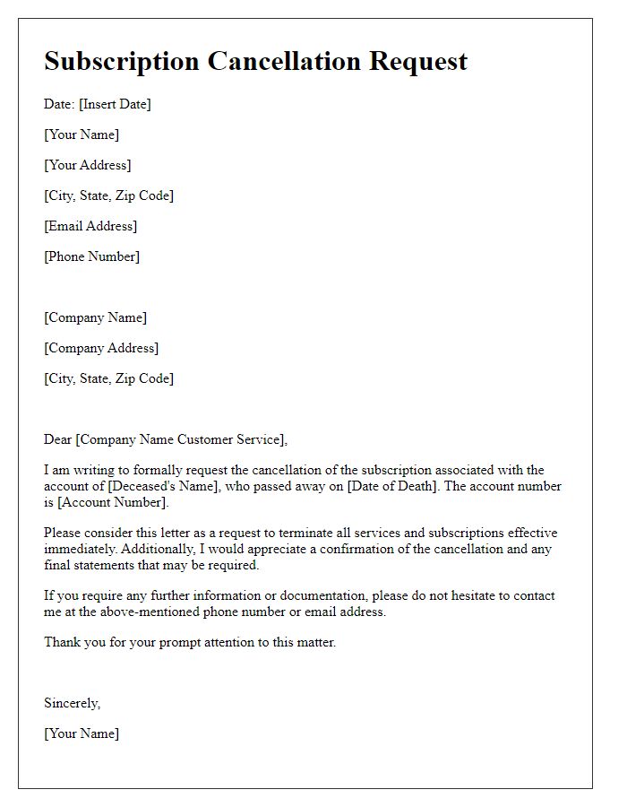 Letter template of canceling subscriptions for deceased consumer