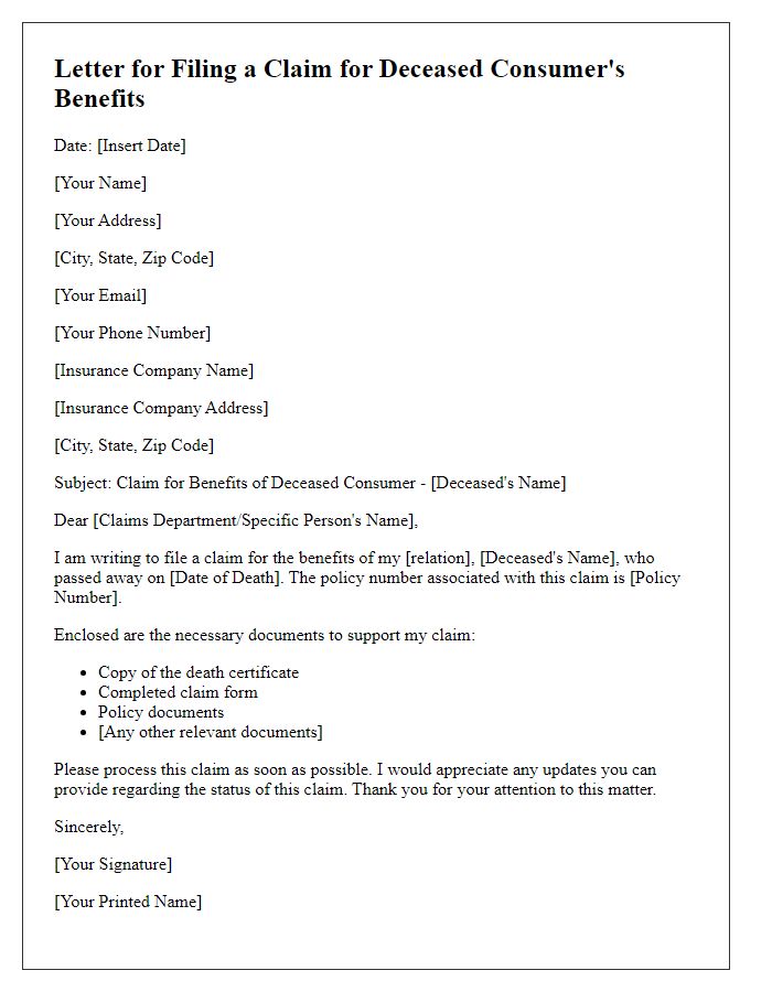 Letter template of filing a claim for deceased consumers benefits