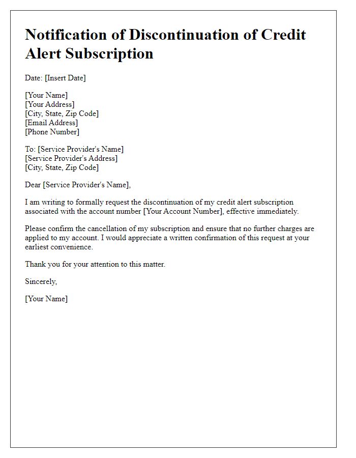 Letter template of discontinuation of credit alert subscription