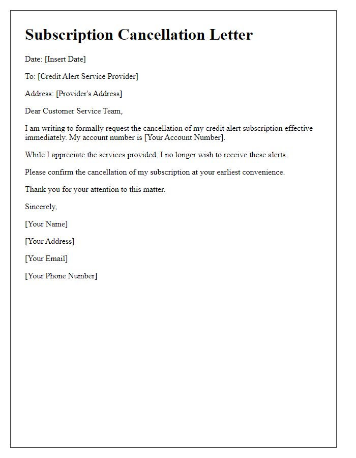 Letter template of stopping credit alert subscription