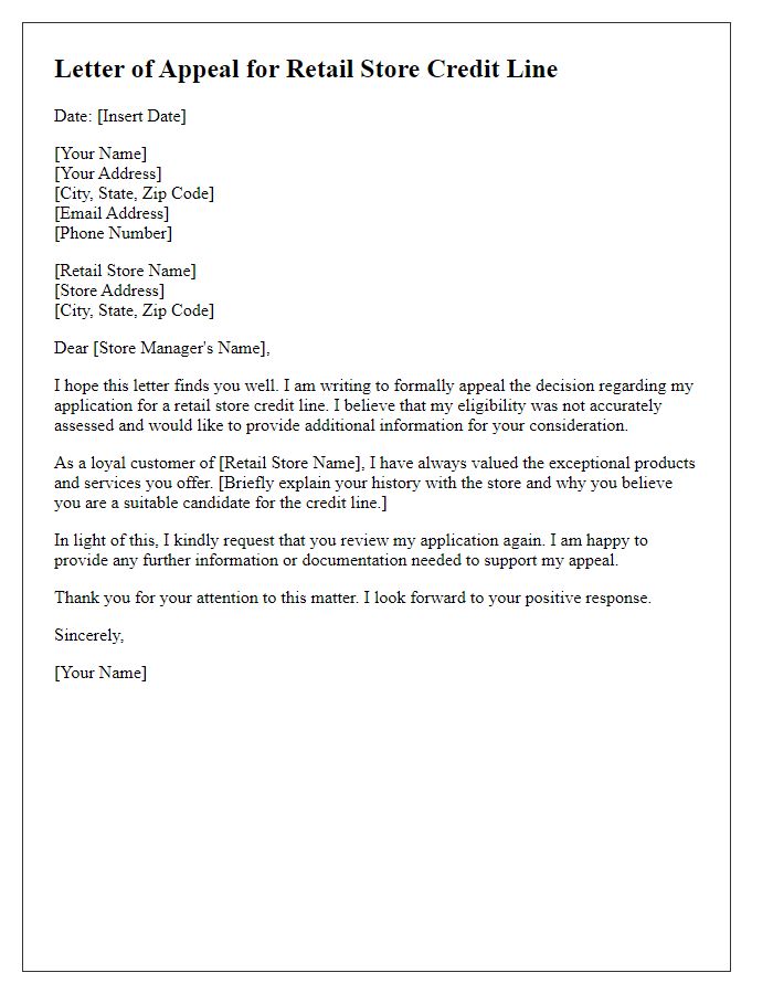 Letter template of appeal for a retail store credit line