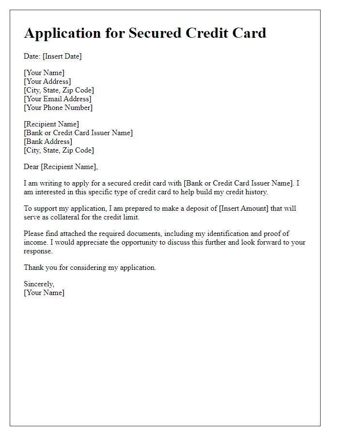 Letter template of application for a secured credit card