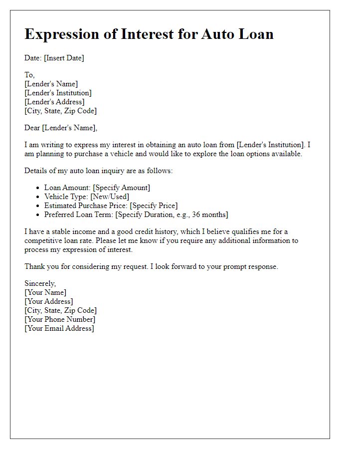 Letter template of expression of interest for an auto loan