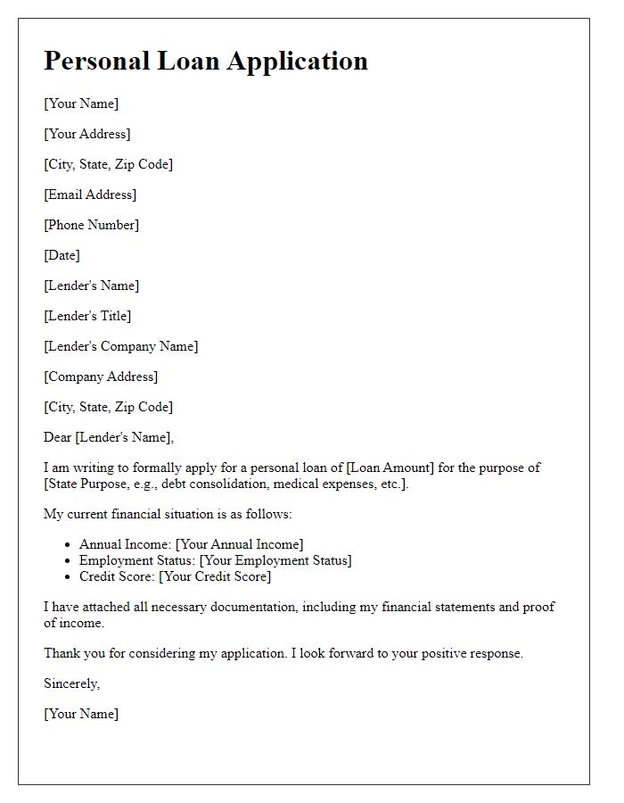 Letter template of formal application for a personal loan